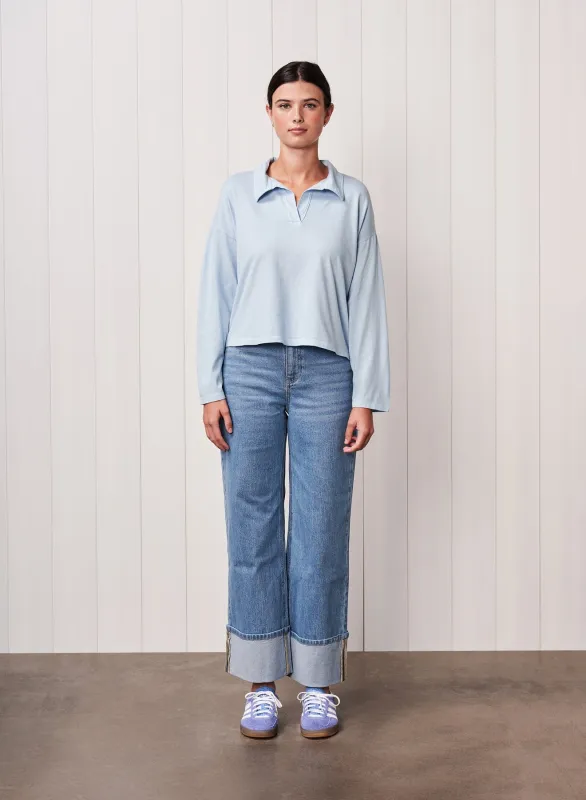 Cloud Cotton Jersey Johnny Collar Tee in Dove Blue sold by Bailey 44