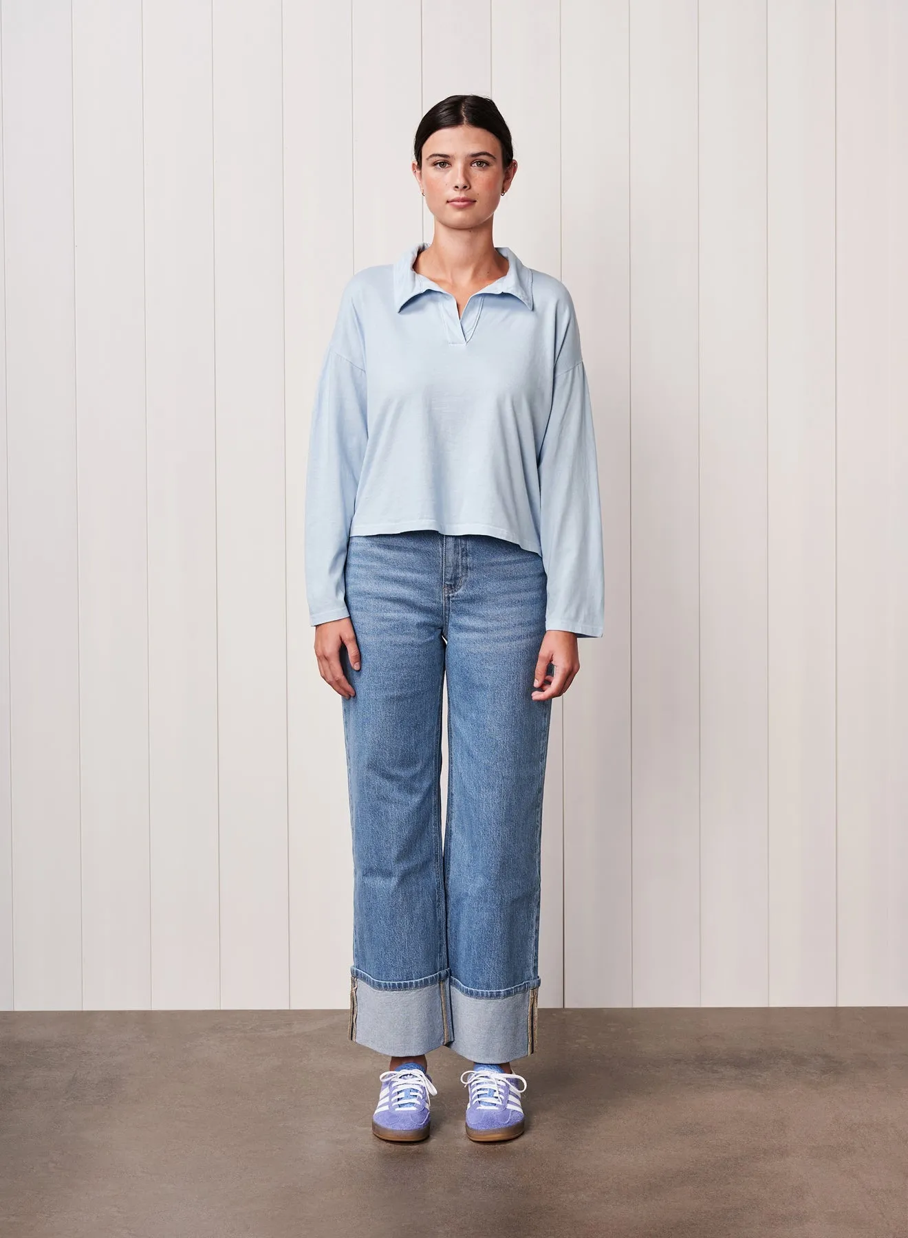 Cloud Cotton Jersey Johnny Collar Tee in Dove Blue sold by Bailey 44