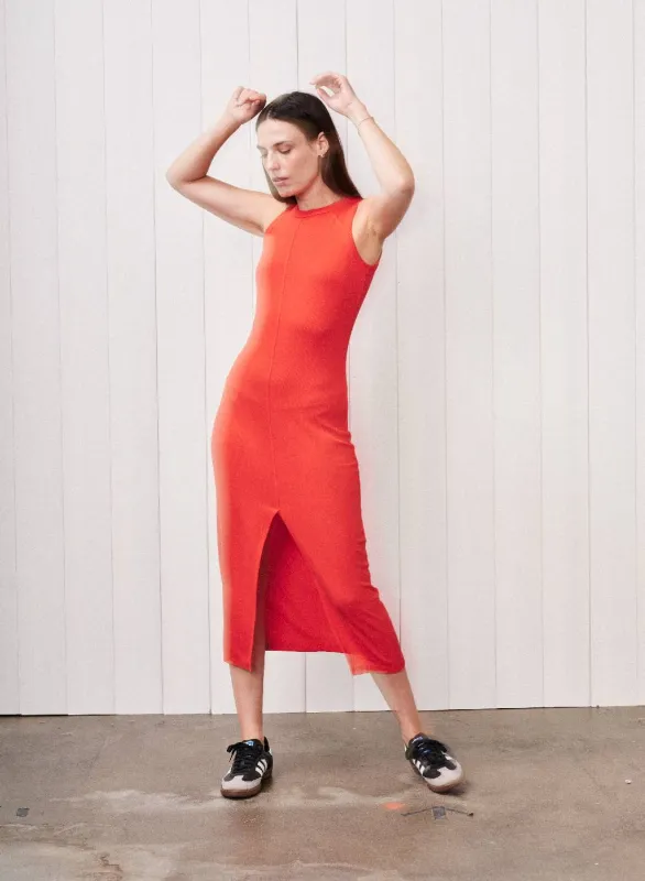 Fine 2X1 Rib Front Slit Midi Dress in Candy Apple sold by Bailey 44