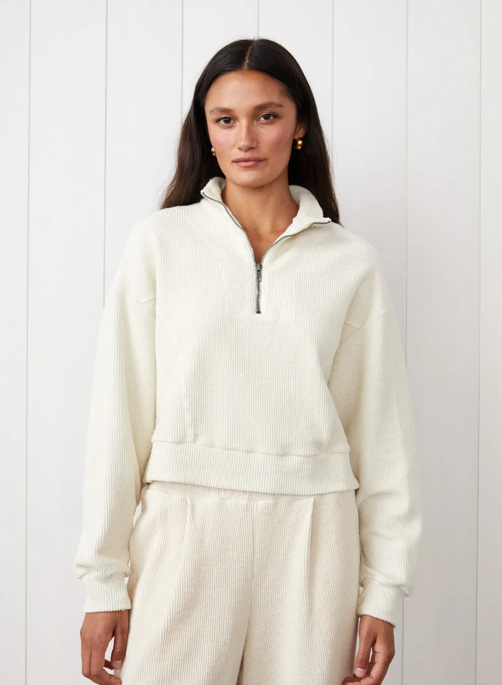 Jasper Knit Cord Half Zip Pullover in Cream sold by Bailey 44