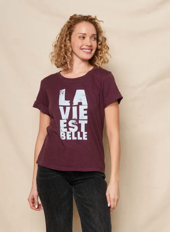 Sundry La Vie Est Belle Rolled Sleeve Tee in Eggplant sold by Bailey 44