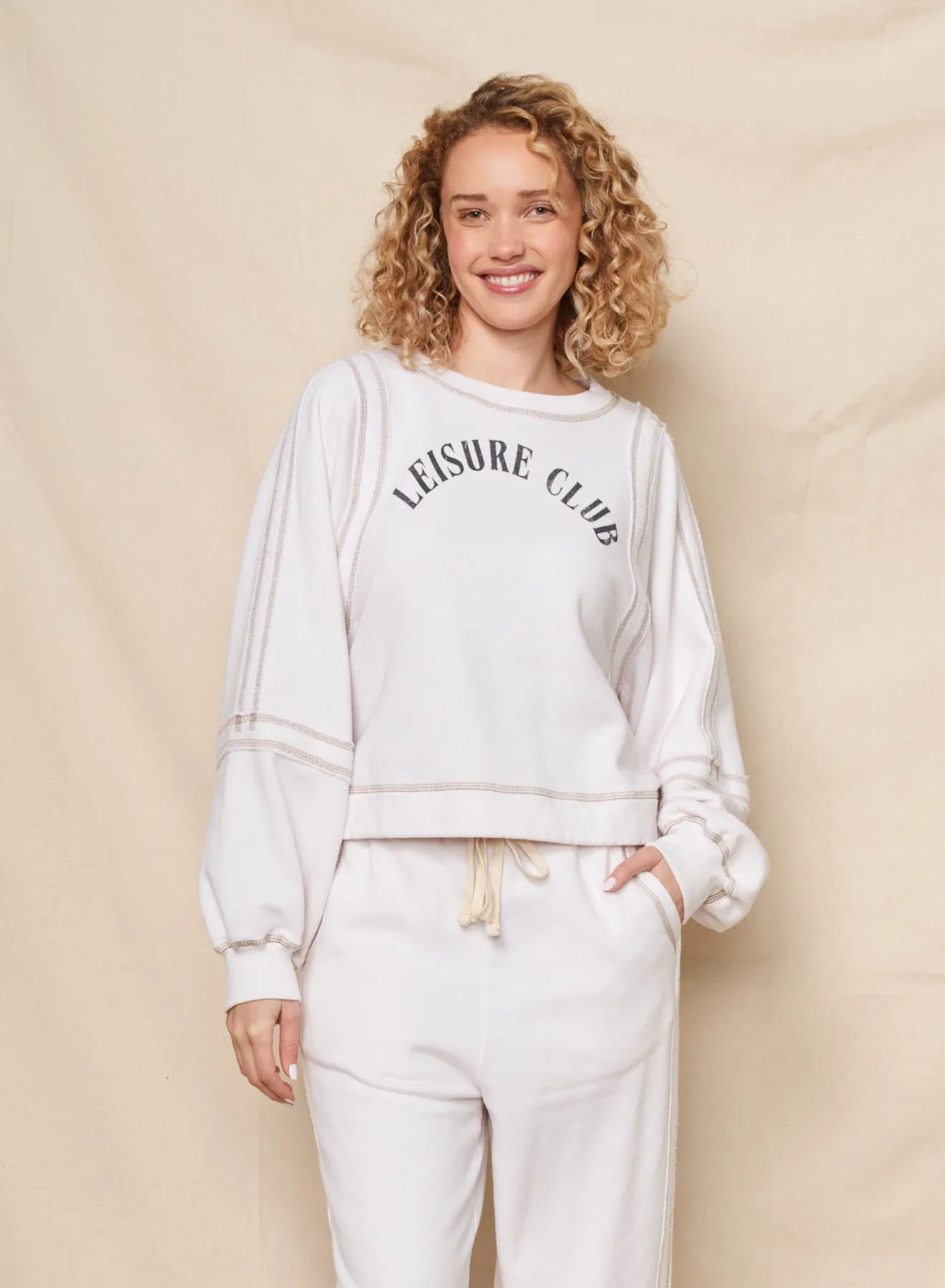 Sundry Leisure Club Raw Seamed Sweatshirt in Oyster sold by Bailey 44