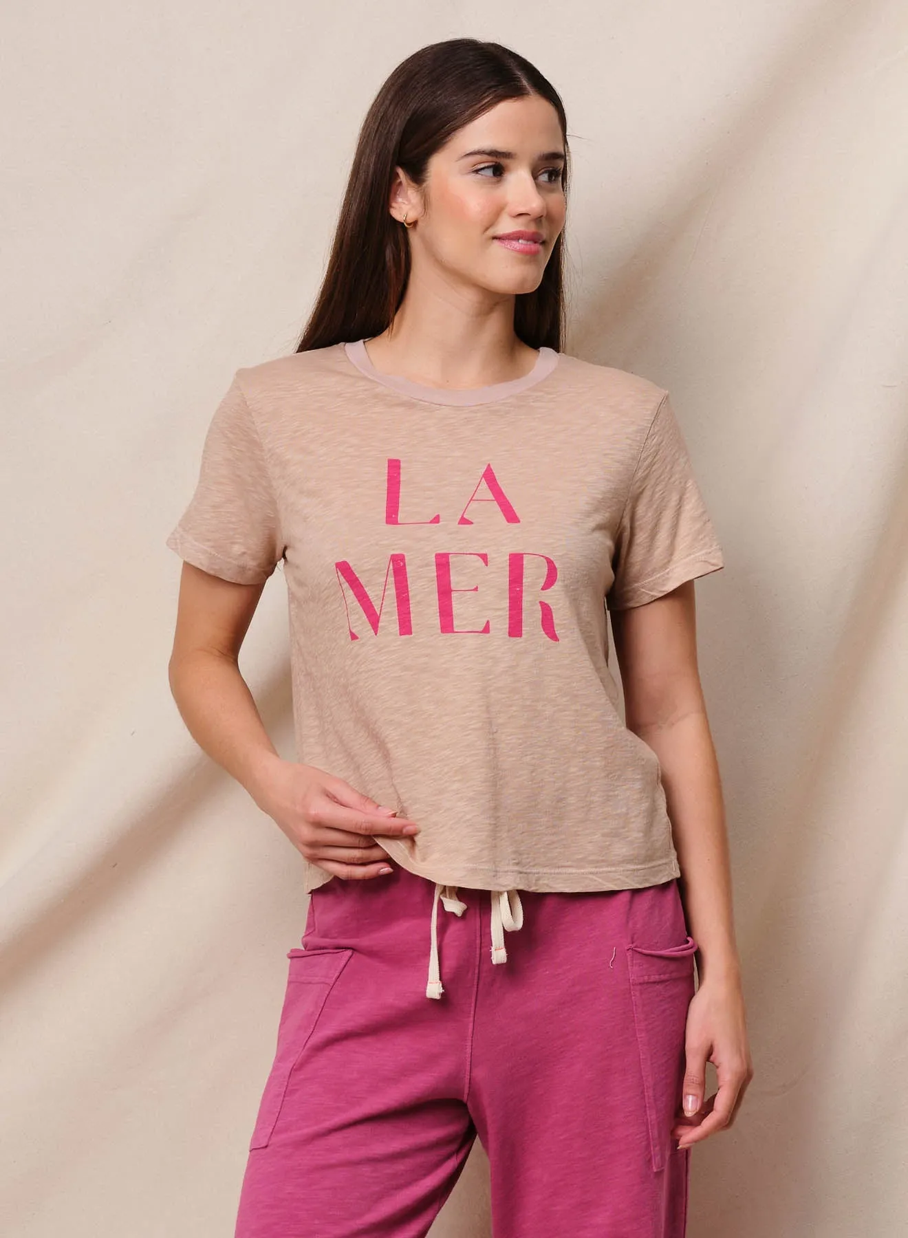Sundry La Mer Short Sleeve Boxy Crew Tee in Almond sold by Bailey 44