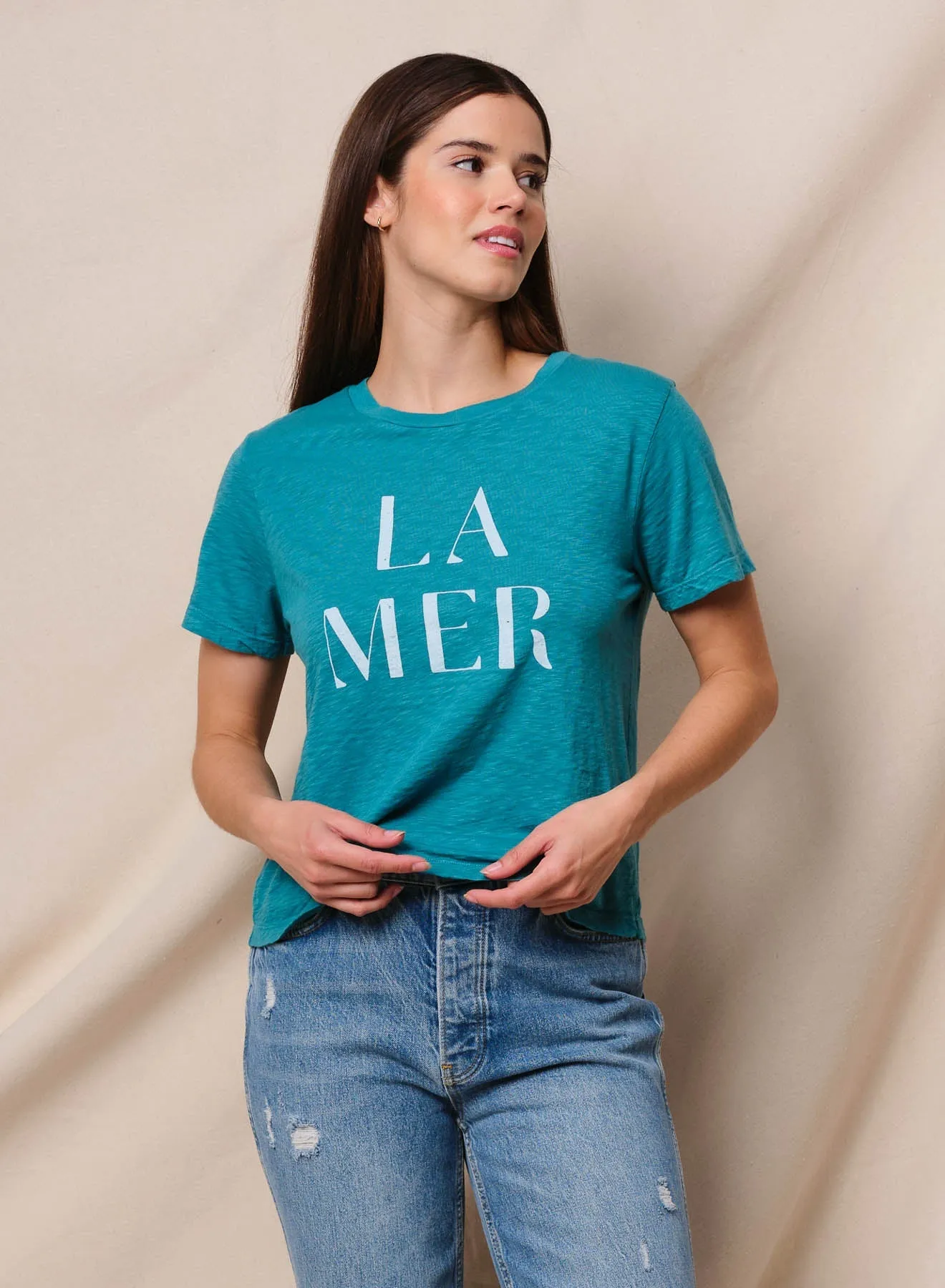 Sundry La Mer Short Sleeve Boxy Crew Tee in Dusty Aqua sold by Bailey 44