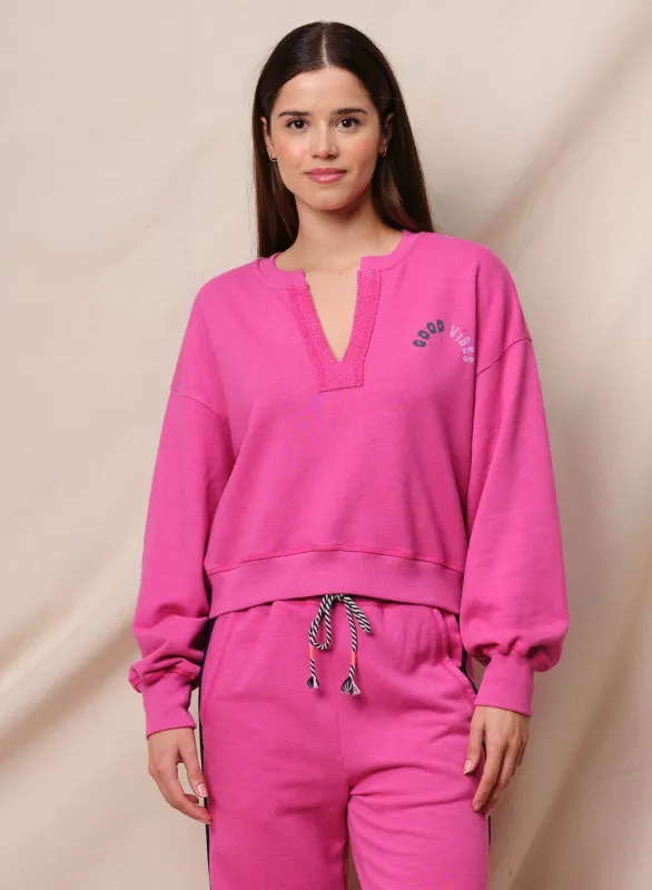 Sundry Good Vibes Split Neck Sweatshirt in Fuchsia sold by Bailey 44