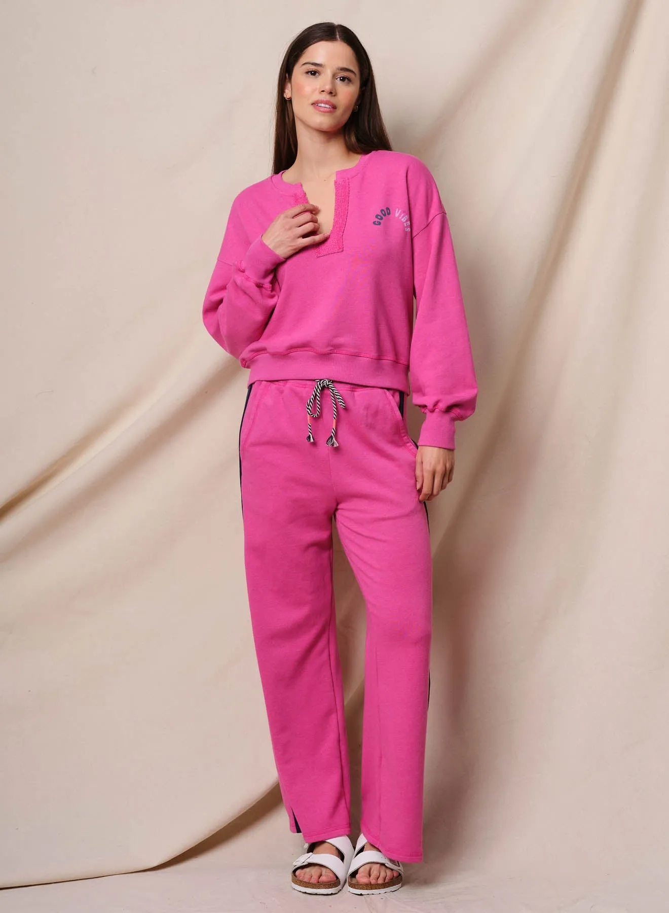 Sundry Good Vibes Split Neck Sweatshirt in Fuchsia sold by Bailey 44 product image thumbnail 2