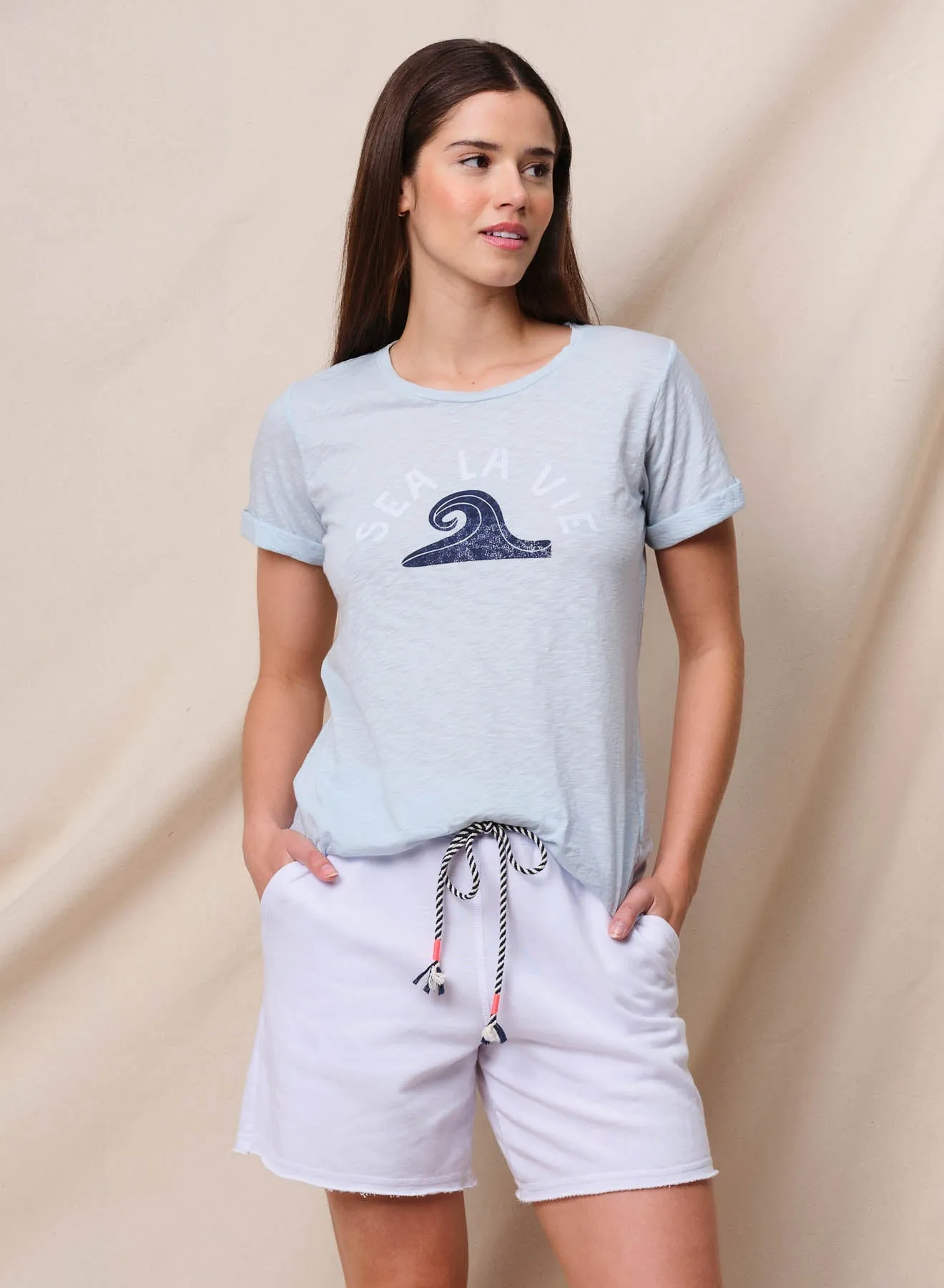 Sundry Sea La Vie Rolled Sleeve Tee in Chambray sold by Bailey 44
