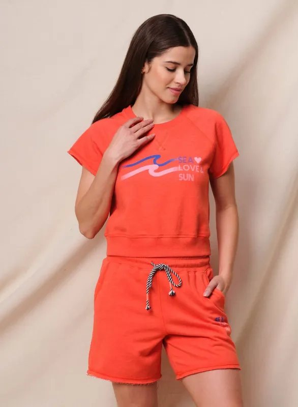 Sundry Sea Love Sun Short Sleeve Sweatshirt in Bright Coral sold by Bailey 44