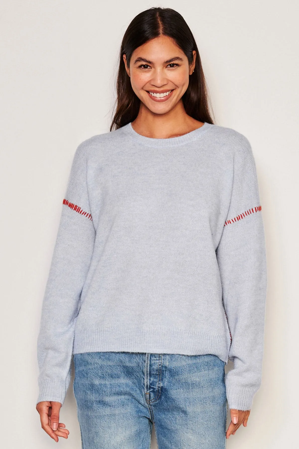 Sundry Baseball Stitch Crew Neck Sweater in Blue Linen sold by Bailey 44