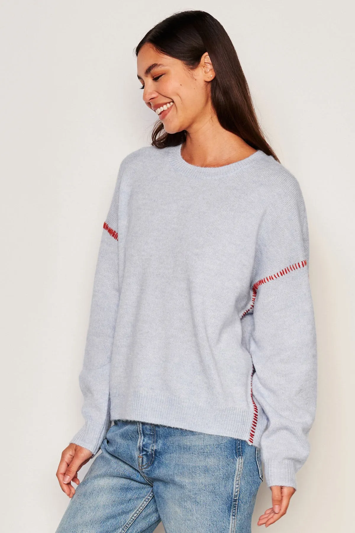 Sundry Baseball Stitch Crew Neck Sweater in Blue Linen sold by Bailey 44 product image thumbnail 2