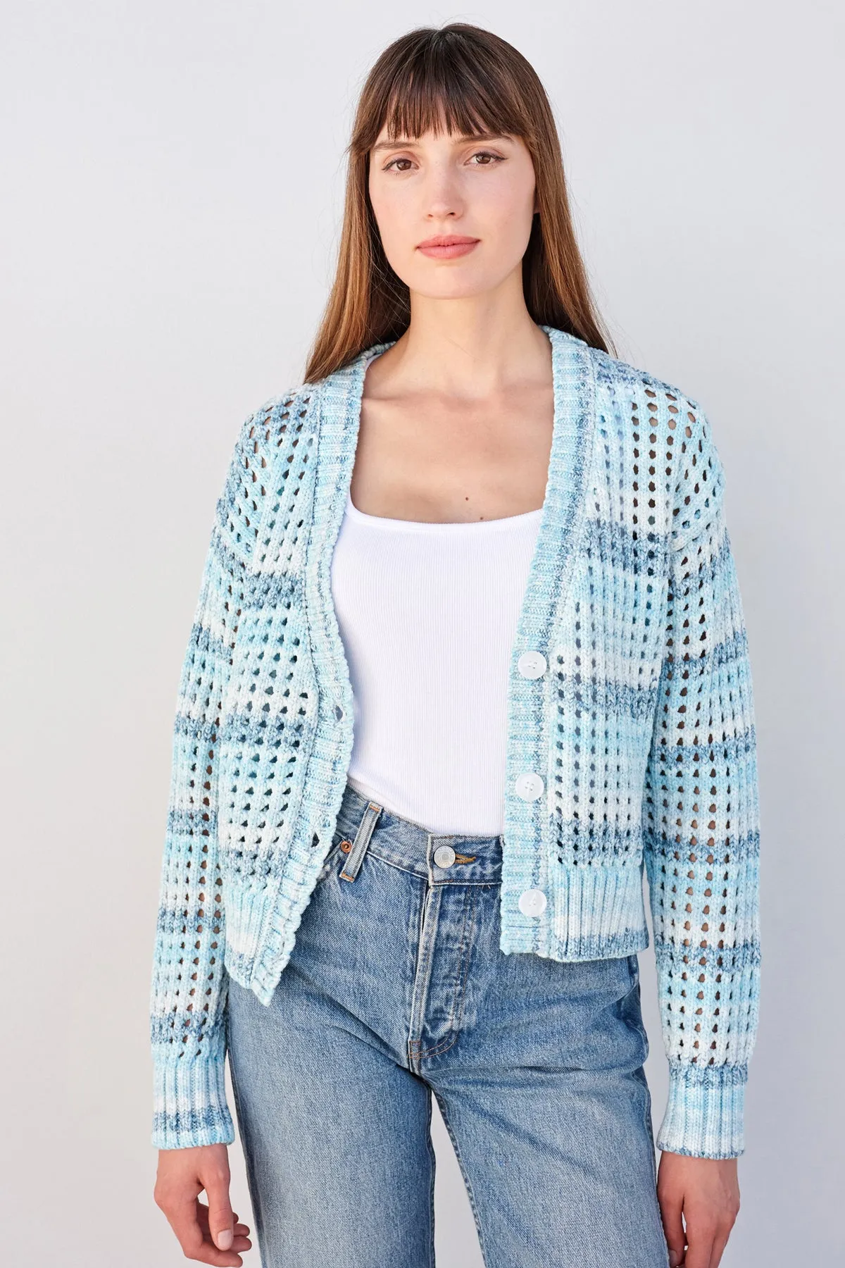 Sundry Boxy Crochet Cardigan in Aruba Blue sold by Bailey 44