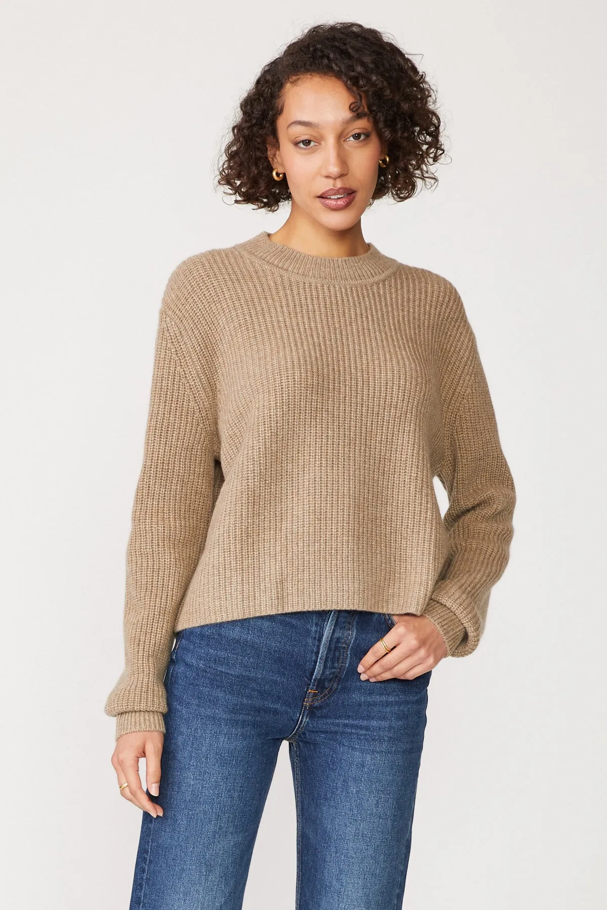Stateside Ribbed Cashmere Tall Collar Crewneck Sweater in Camel sold by Bailey 44 product image thumbnail 3