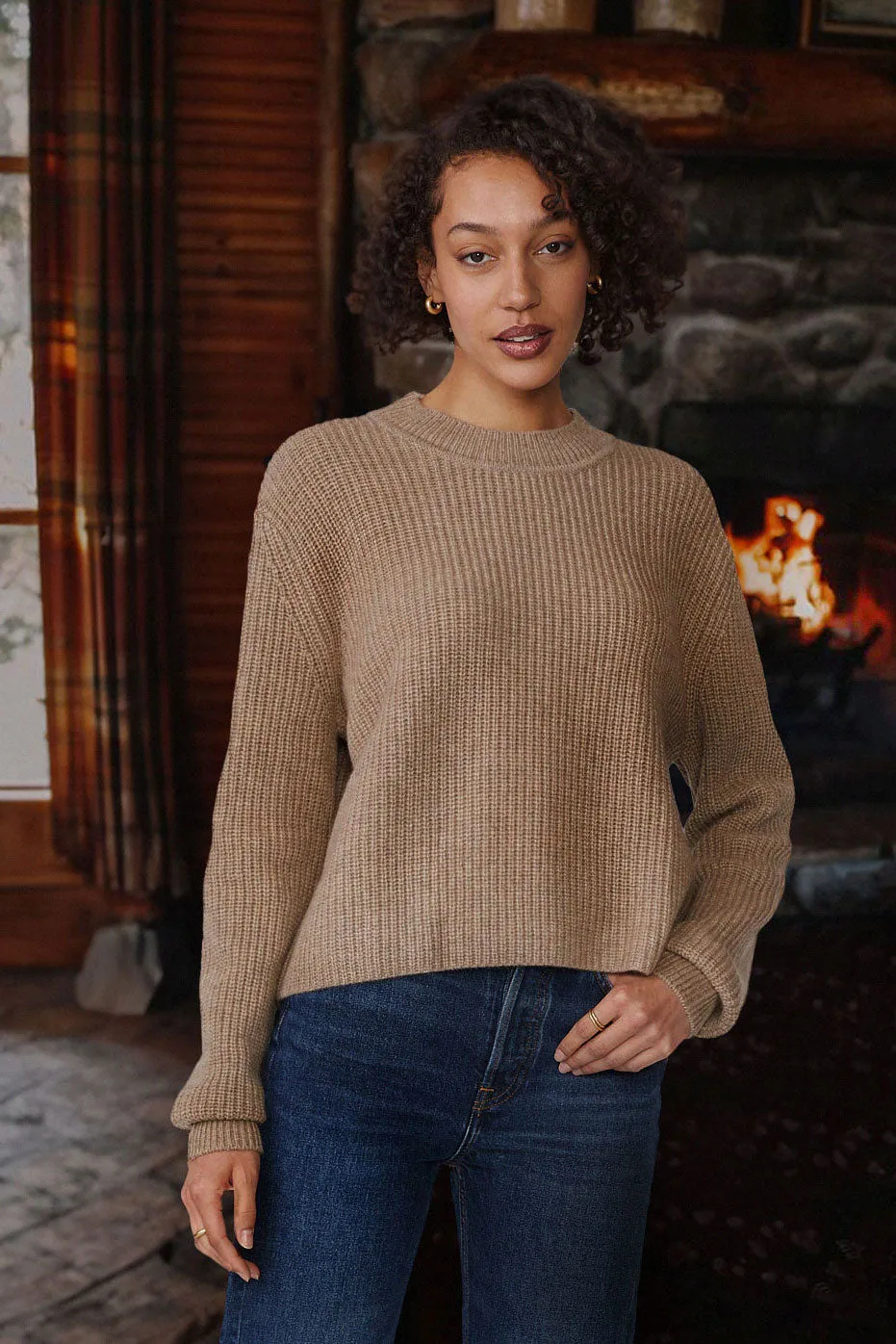 Stateside Ribbed Cashmere Tall Collar Crewneck Sweater in Camel sold by Bailey 44