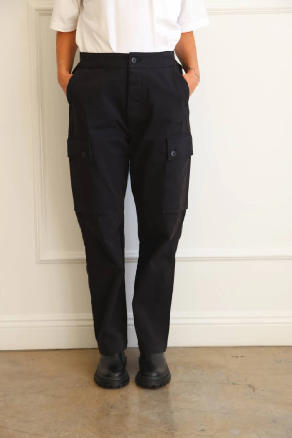 DSTLD Women's Cargo Pant in Black sold by Bailey 44