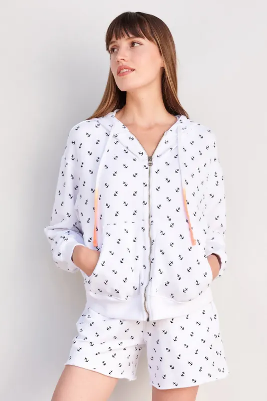 Sundry Anchor Print Zip Hoodie in White sold by Bailey 44