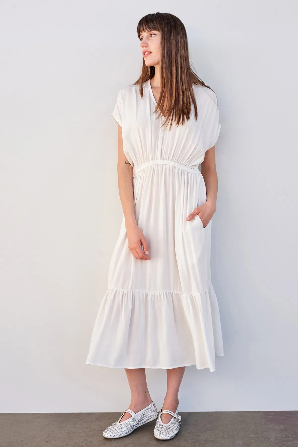Sundry Midi Dress with Ruffle in Cream sold by Bailey 44