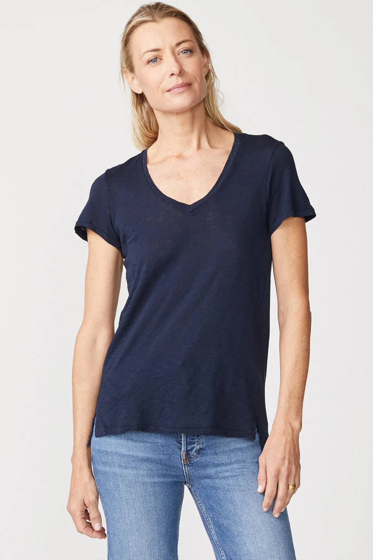 Stateside Supima Slub Short Sleeve V-Neck in New Navy sold by Bailey 44
