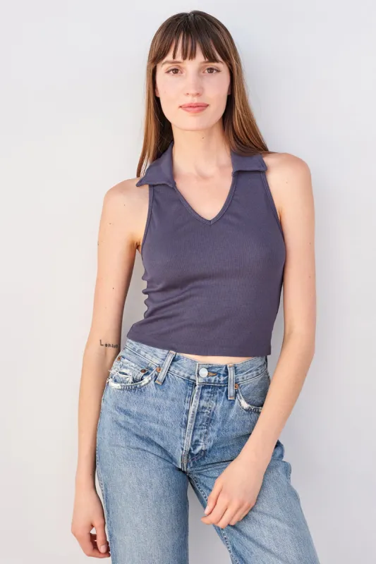 Sundry Johnny Collar Crop Tank in Navy sold by Bailey 44
