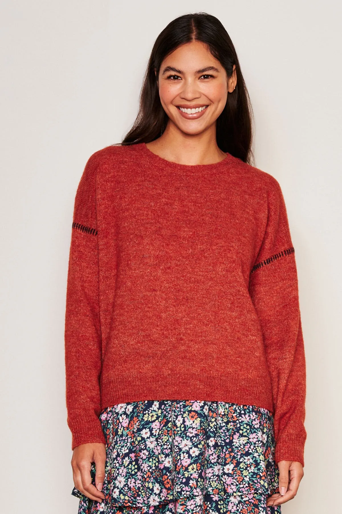 Sundry Baseball Stitch Crew Neck Sweater in Red Rock sold by Bailey 44