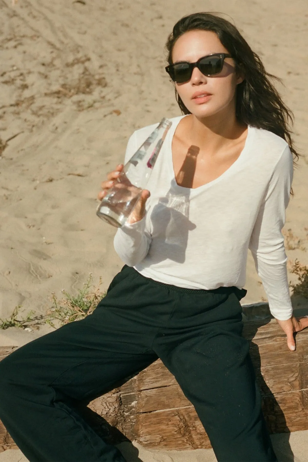 Stateside Supima Slub Jersey Long Sleeve V-Neck T-Shirt in White sold by Bailey 44