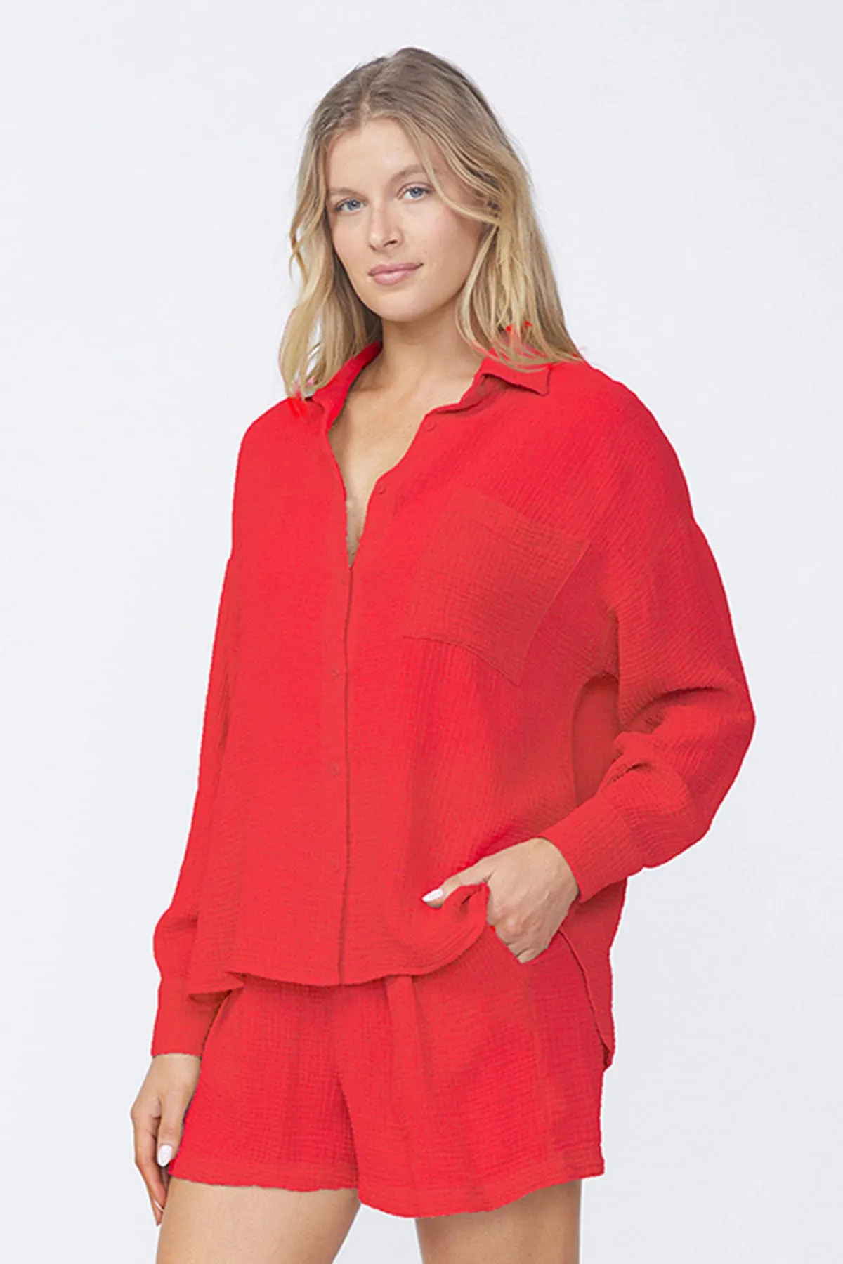 Stateside Gauze Oversized Shirt in Cherry Pie sold by Bailey 44