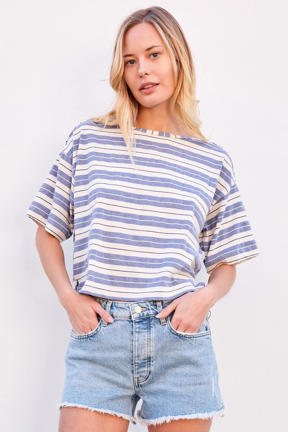 Sundry Harbor Stripe Boat Tee in Blue Linen sold by Bailey 44