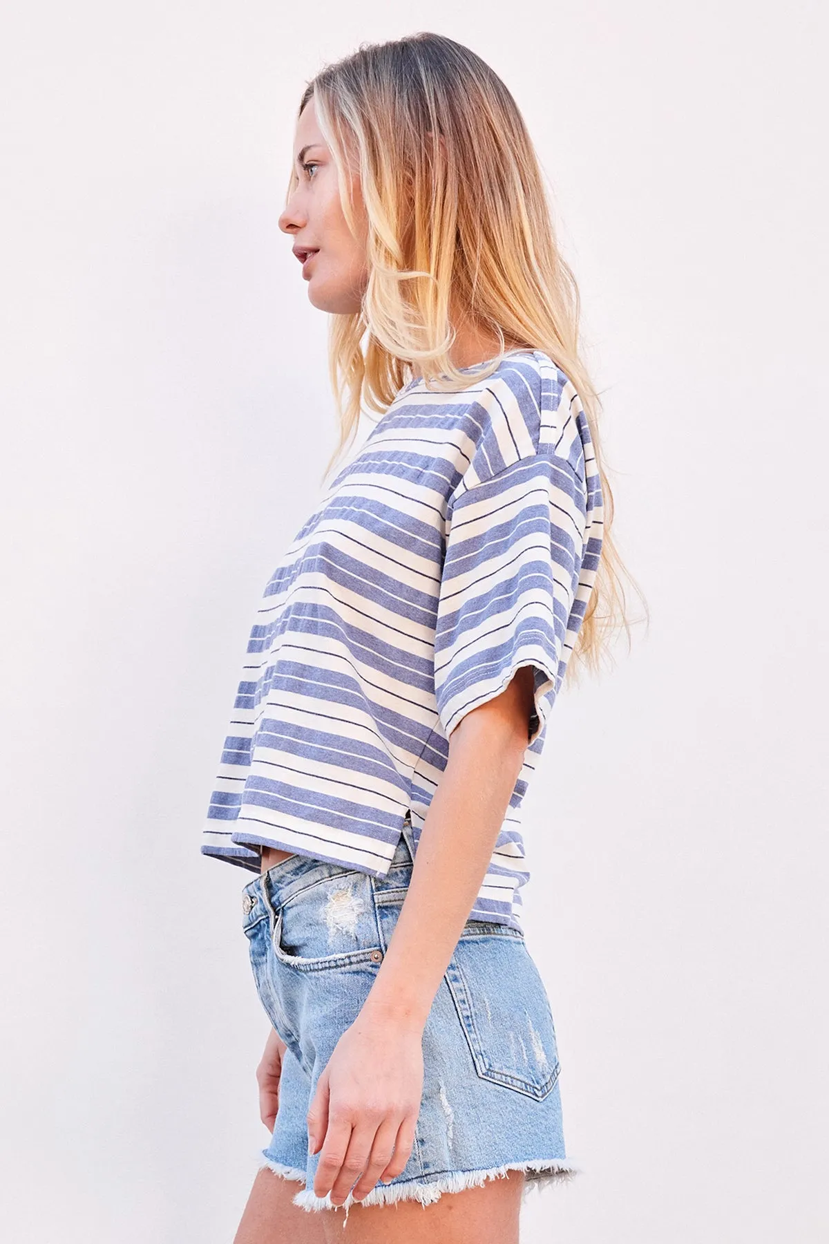 Sundry Harbor Stripe Boat Tee in Blue Linen sold by Bailey 44 product image thumbnail 2