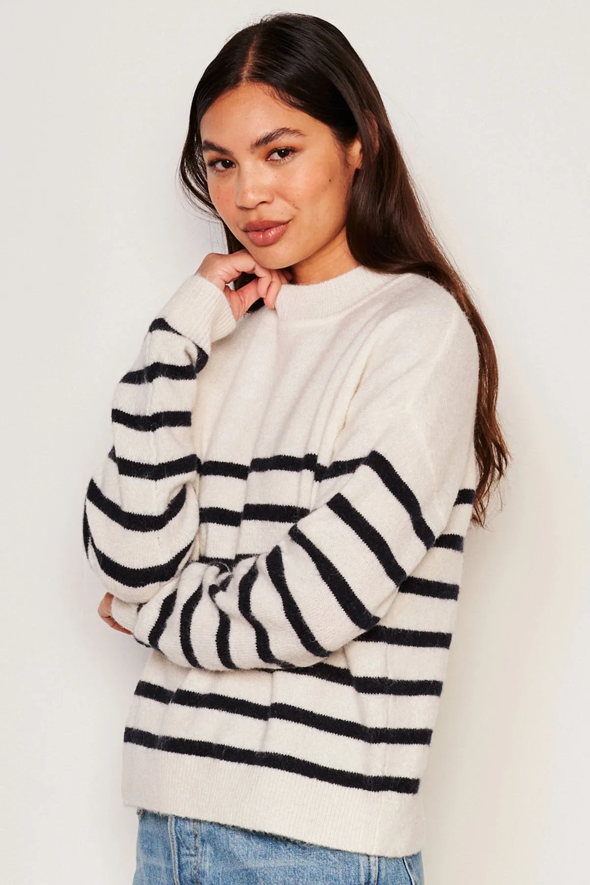 Sundry Stripes Mock Neck Cozy Sweater in Oyster sold by Bailey 44 product image thumbnail 2