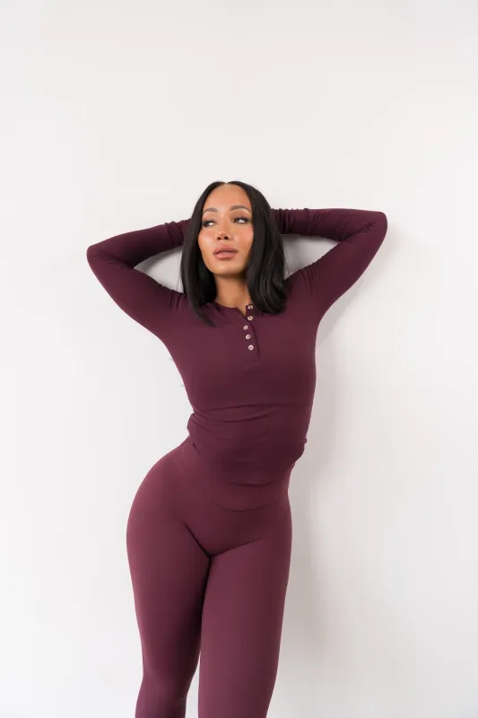 Vitality Easy Rib Henley Top - Wine sold by Balance Athletica