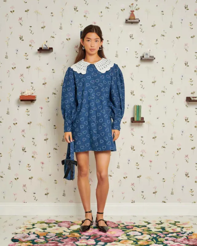 Prize Heart Denim Mini Dress - Indigo Blue sold by ban.do