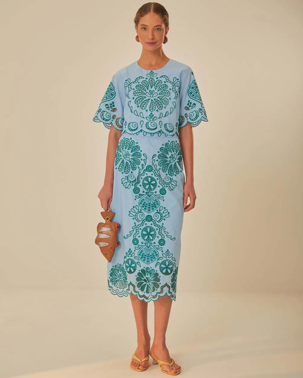 Light Blue And Green Graphic Richelieu Midi Skirt sold by ban.do