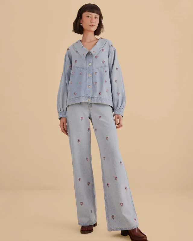 Rose Embroidery Denim Pants sold by ban.do