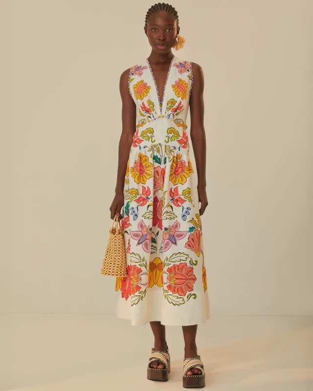 Off-White Floral Insects Premium Linen Maxi Dress sold by ban.do