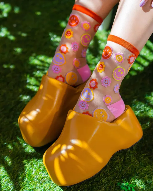 Smiley Face Daisy Sheer Crew Socks sold by ban.do