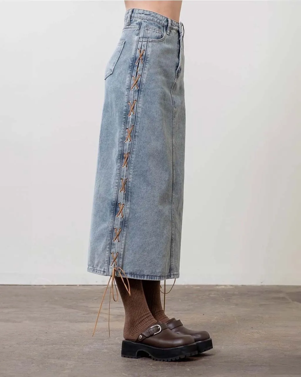 Denim Suede Strap Midi Skirt sold by ban.do product image thumbnail 2
