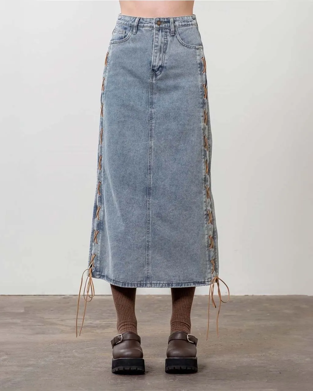 Denim Suede Strap Midi Skirt sold by ban.do