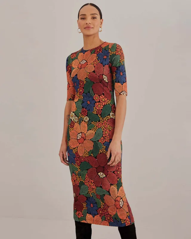 Black Stitched Flowers Midi Dress sold by ban.do