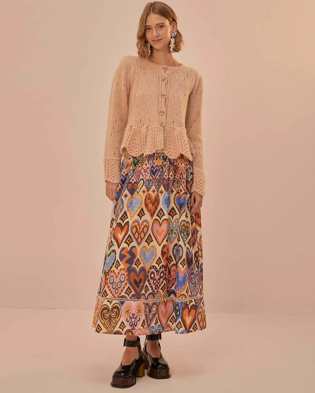 Cream Hearts Ikat Midi Skirt sold by ban.do product image thumbnail 3