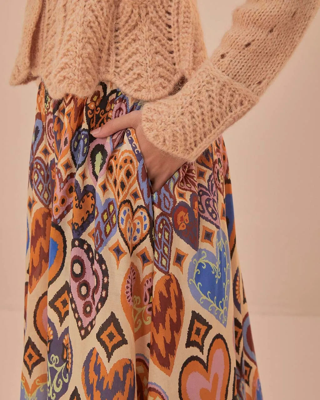 Cream Hearts Ikat Midi Skirt sold by ban.do product image thumbnail 4