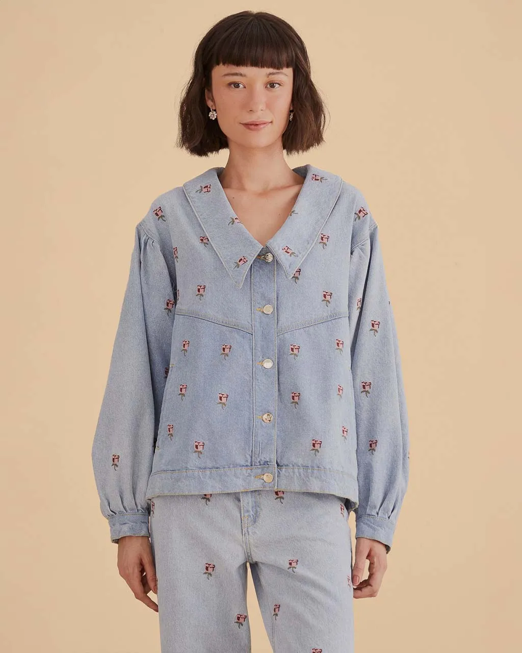 Rose Embroidery Denim Jacket sold by ban.do