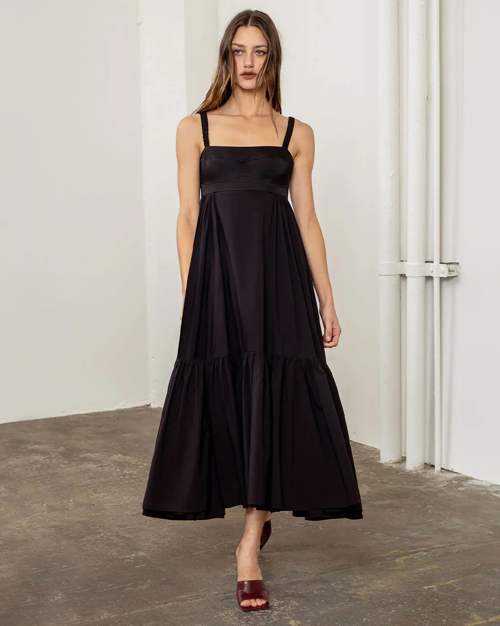 Black Square Neck Tiered Midi Dress sold by ban.do