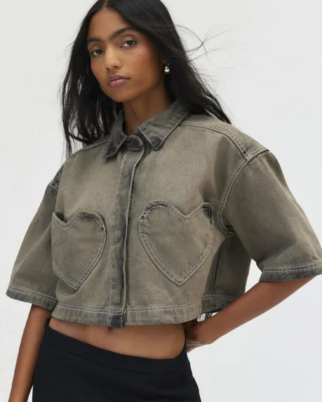 Lacy Heart Pocket Cropped Denim Shirt sold by ban.do
