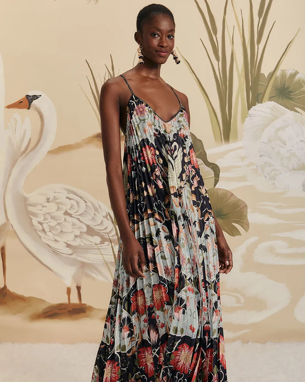 Blue Flowing Beauty Pleated Sleeveless Midi Dress sold by ban.do