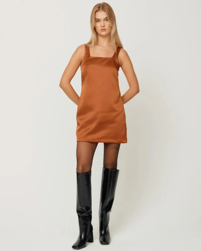 The Mini Satin Shift Dress - Chocolate made by House of Sunny