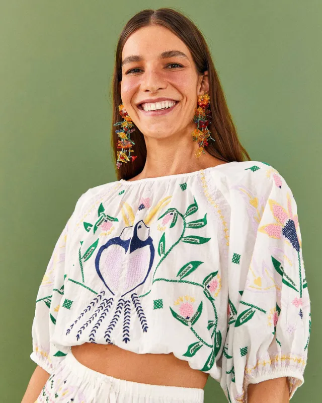 White Summer Garden Embroidered Crop Top sold by ban.do