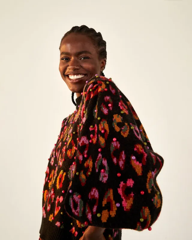 Black Ikat-Dyed Leopard Ball Sweater sold by ban.do