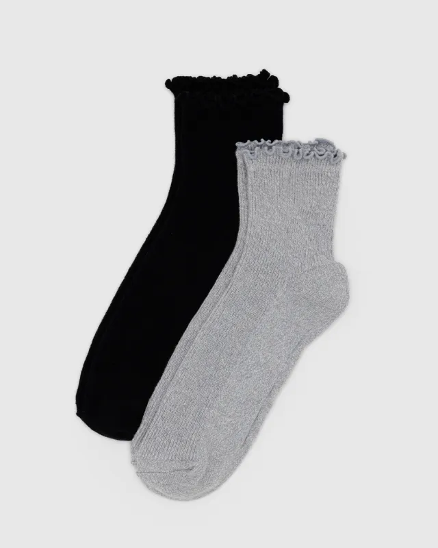 Lettuce Edge Sock Set Of 2 - Heather Grey & Black sold by ban.do