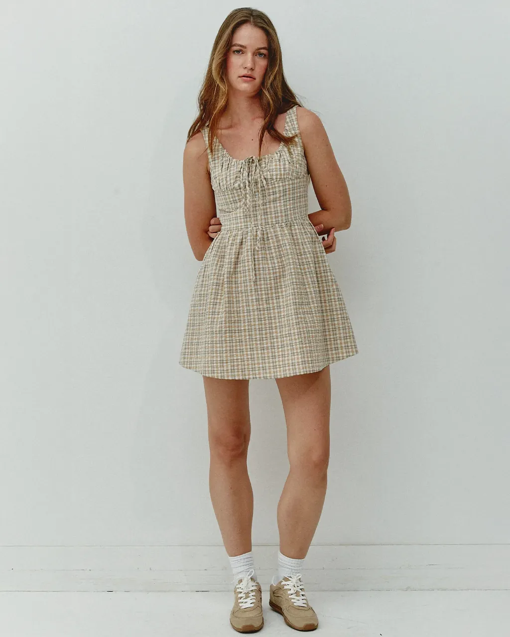 Beige Gingham Check Mini Dress sold by ban.do product image thumbnail 3