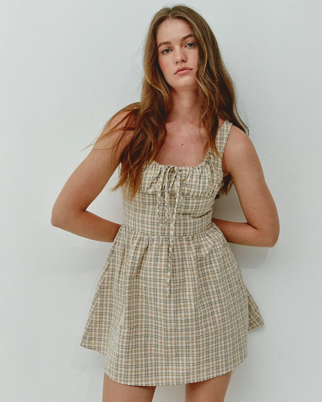 Beige Gingham Check Mini Dress sold by ban.do