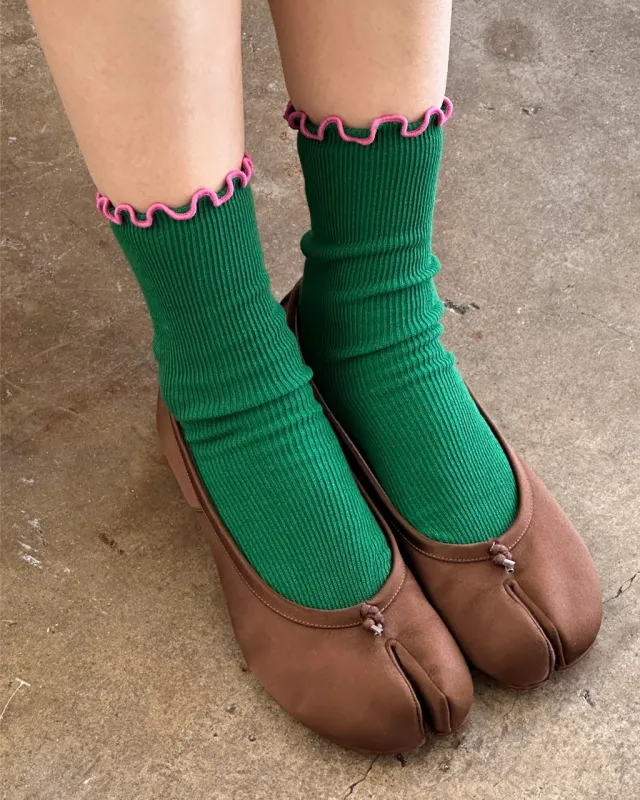 Ruffled Modal Socks - Spinach + Pink Edge sold by ban.do